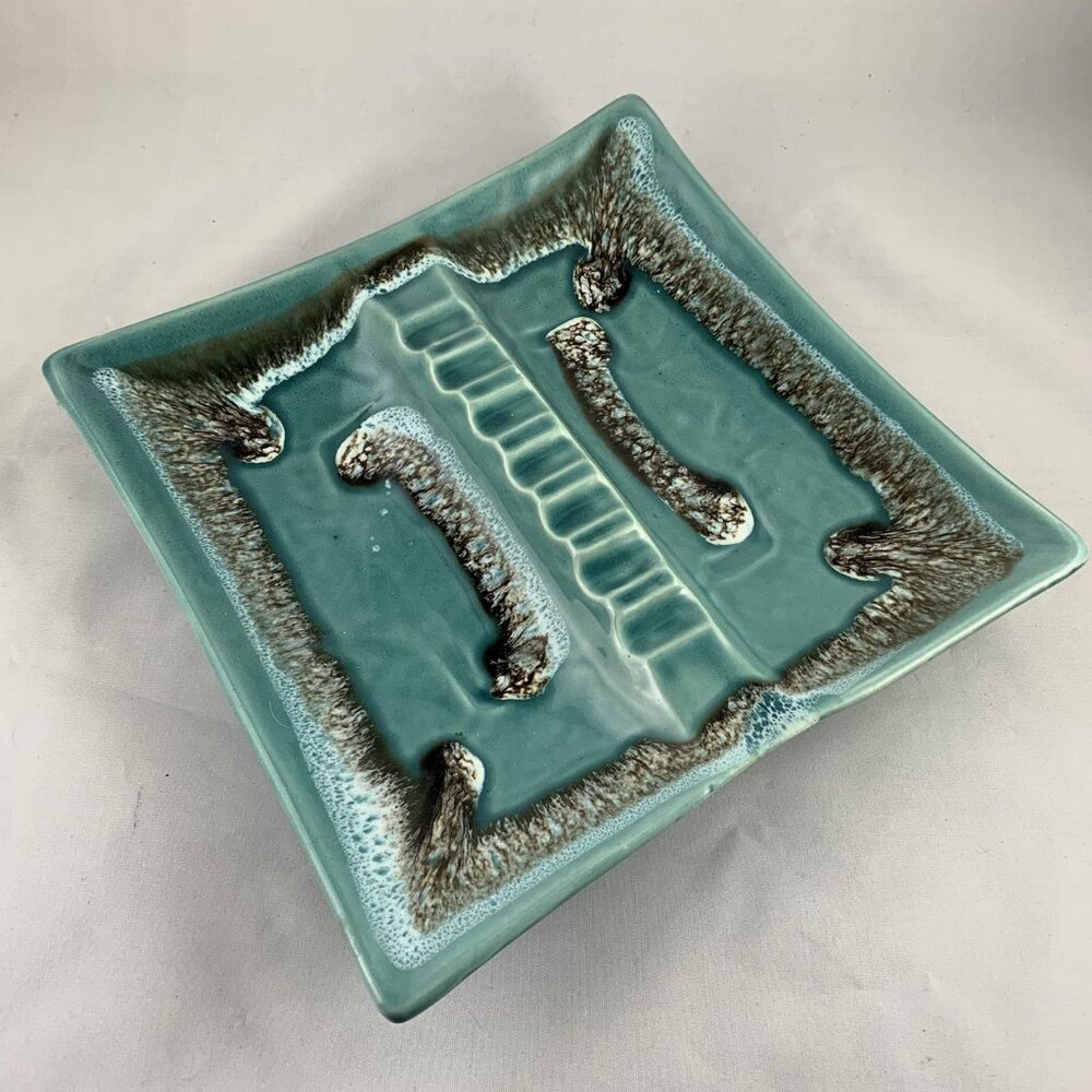 Vintage 1960's Ash Tray, Glazed Ceramic, Sushi Plate, MCM, Turquoise, Drip Glaze